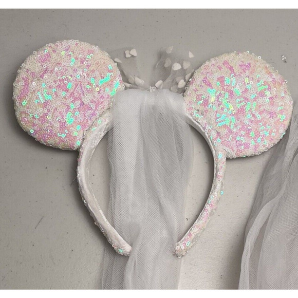Disney Parks Minnie Mouse Bride Bridal Ears Veil Bow Sequin Headband Wedding - Picture 8 of 13